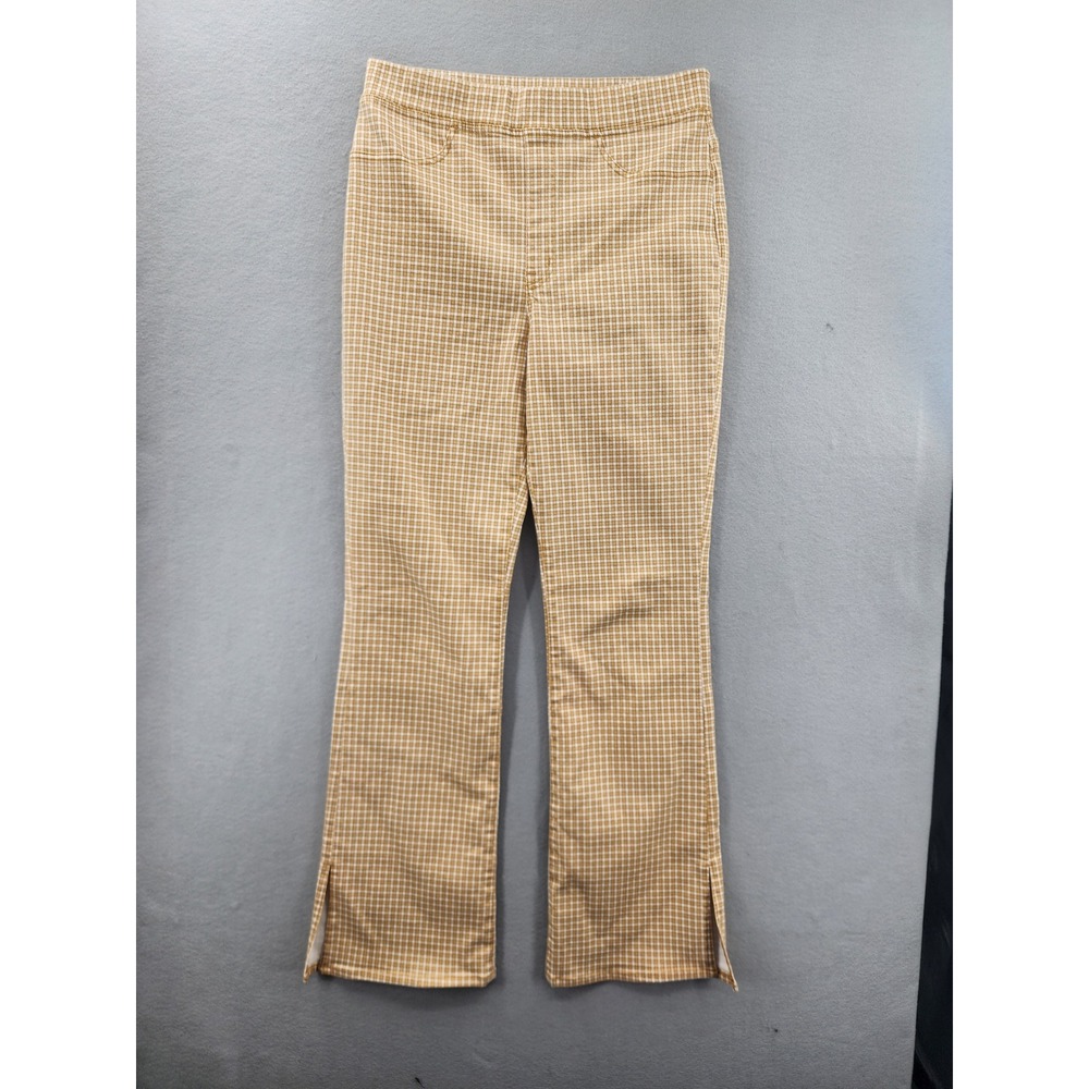 Madewell Gingham Pull On Flare Pants Tan White Check Slit Hem Stretch Size 30